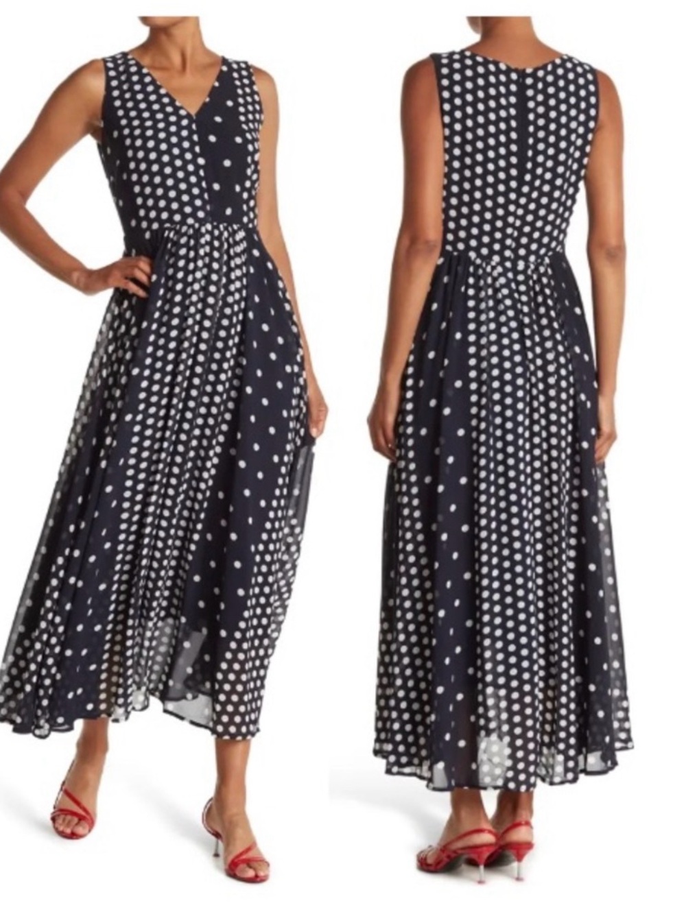 Tahari Navy and White Polka Dot Maxi Dress